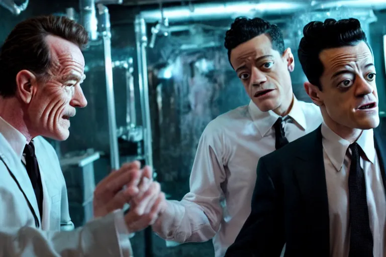 Prompt: film still of bryan cranston and rami malek in cosmic horror! the musical by david cronenberg, budapest street background, 3 5 mm film, atmospheric, ultra fine detail, film grain, photorealistic