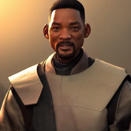 Image similar to will smith as a jedi, starwars, hyper detailed, digital art, trending in artstation, cinematic lighting, studio quality, smooth render, unreal engine 5 rendered, octane rendered