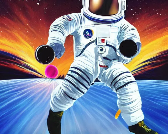 Image similar to an astronaut playing bowling in space, 3d art by marco zagara