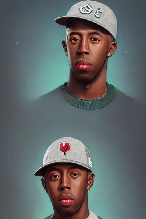 Image similar to photorealistic portrait of tyler the creator with baseball hat, staring directly into camera, intricate, elegant, glowing lights, highly detailed, digital painting, artstation, sharp focus, illustration, art by wlop, mars ravelo and greg rutkowski