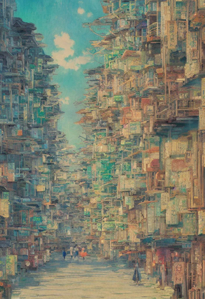 Image similar to a beautiful japanese city near the sea, ryokans and edo era houses, cyberpunk, lofi vibe, colorful, oil painting in impressionist style, by monet, by makoto shinkai, multiple brush strokes, inspired by ghibli, masterpiece