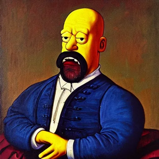 Image similar to vividly colorful oil painting portrait of Homer Simpson wearing aristocratic dress in the style of Cranach the Younger