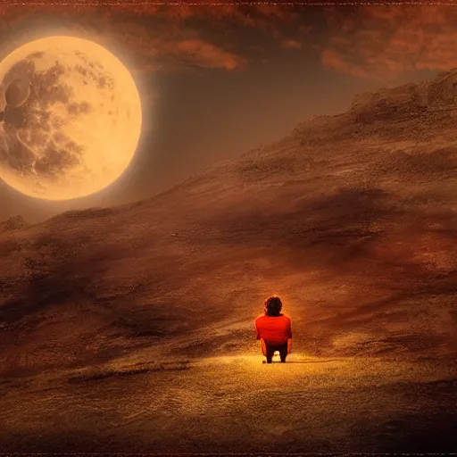 Image similar to gustavo cerati sitting on the red moon, digital art, matte painting, highly detailed,