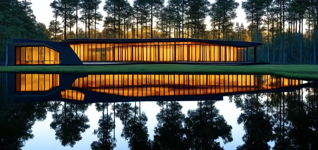 Image similar to faceted roof planes lift and descend creating shade and architectural expression, highly detailed, situated in the forest, next to a highly reflective lake, at dusk, vivid color