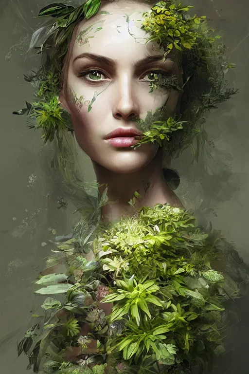 Prompt: detailed 2d illustration, trending on artstation, unique, elegant, beautiful, a woman with clothing made of plants, uses her magic to create new life, by Ruan Jia, 4K