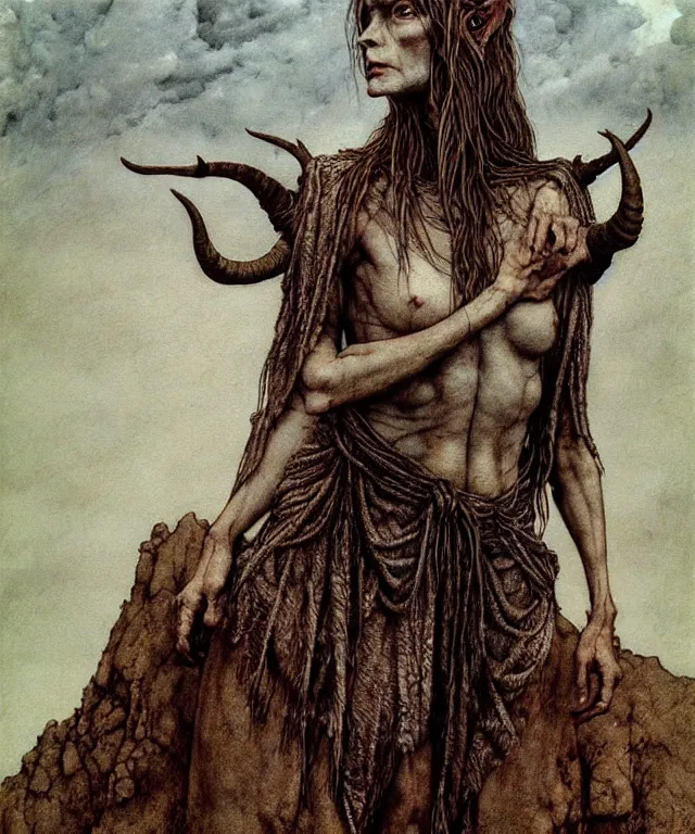 Image similar to A detailed horned goatwoman stands among the hills. Wearing a ripped mantle, robe. Perfect faces, extremely high details, realistic, fantasy art, solo, masterpiece, art by Zdzisław Beksiński, Arthur Rackham, Dariusz Zawadzki