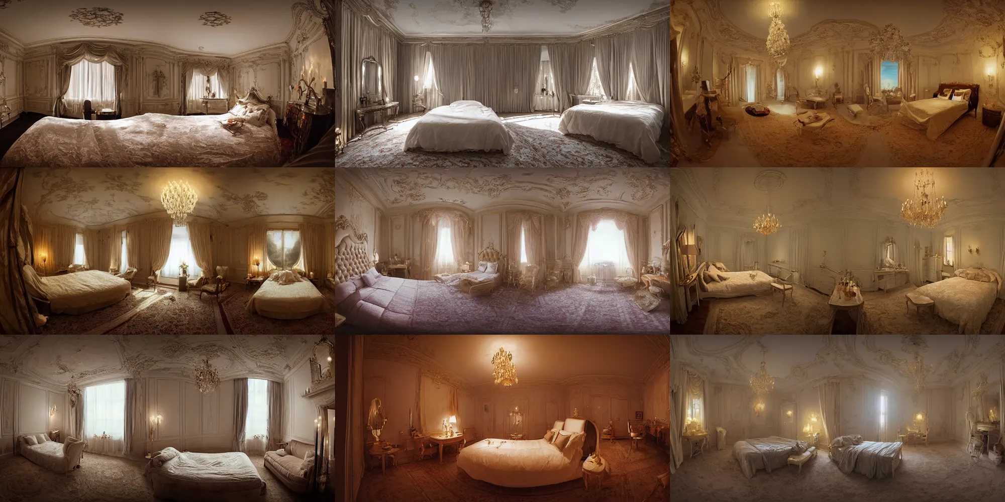 Prompt: elegant luxurious bedroom lit by a candelabrum simon stalenhag, fisheye camera, extreme perspective