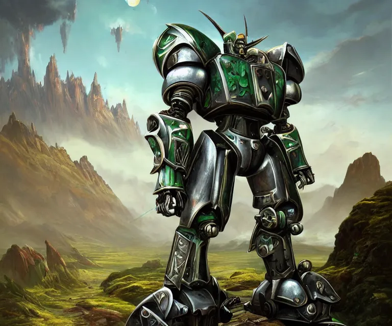 Image similar to stylistic vray 3 d render of sidescrolling shooter robotech warhammer, silver ornate armor warrior, green orcs surrounding him, mountains and giant gothic abbeys in the background!!!, hyperrealism, fine detail, 8 k, artsation contest winner, fantasy art, brush strokes, oil, canvas, by mandy jurgens and michael whelan