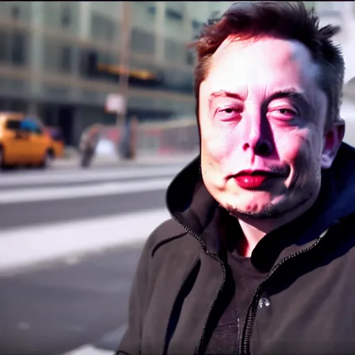 Image similar to homeless man new york city elon musk, 4k, award-winning cinematography