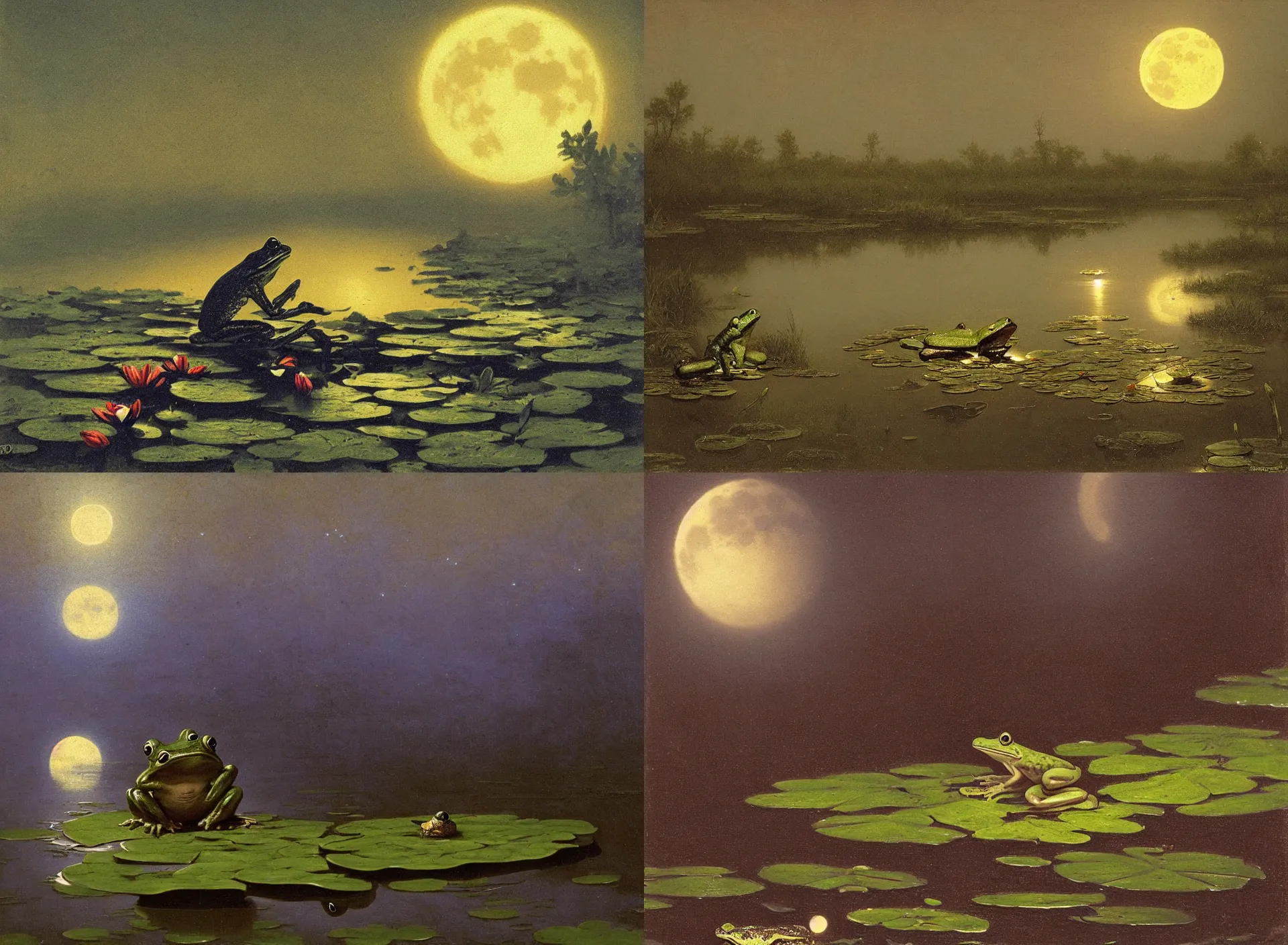 Prompt: frog sitting on a lily pad, illuminated by the moon, albert bierdstadt