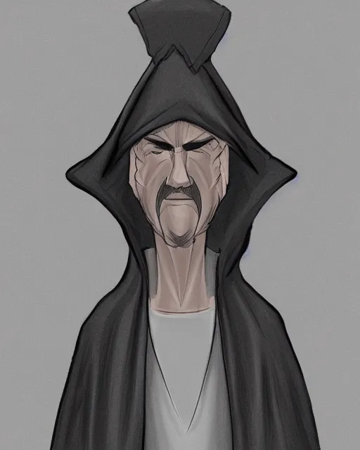 Image similar to character concept portrait of a man in dark robes, hooded, drawn by greg rukowtski