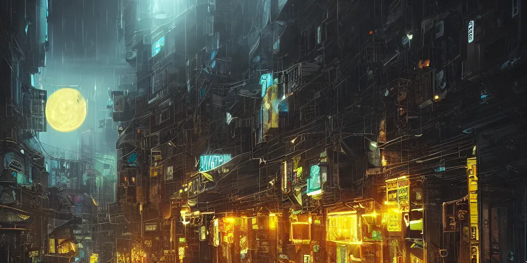 Prompt: small building, city, street view, science fiction, cyberpunk, rain day, wide angle, full of people, moon, a lot of yellow lights, cinematic lighting, high detail, digital painting, concept art, illustration, smooth, sharp focus, trending on artstation, trending on deviantart, 4 k