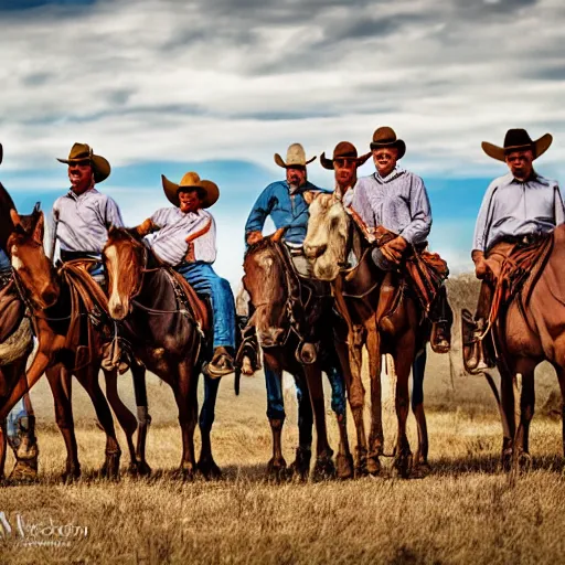 Prompt: eighteen cowboys, photography