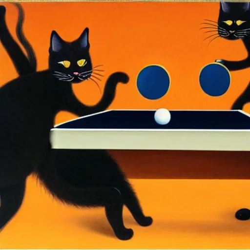 Prompt: a detailed picture of two cats playing ping - pong, orange background, oil painting, velazquez and magritte