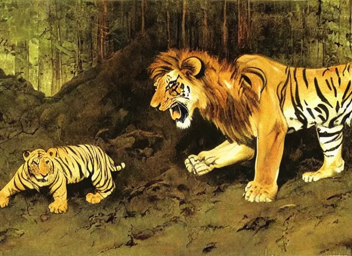 Image similar to a lion and a tiger in a forest by frank frazetta