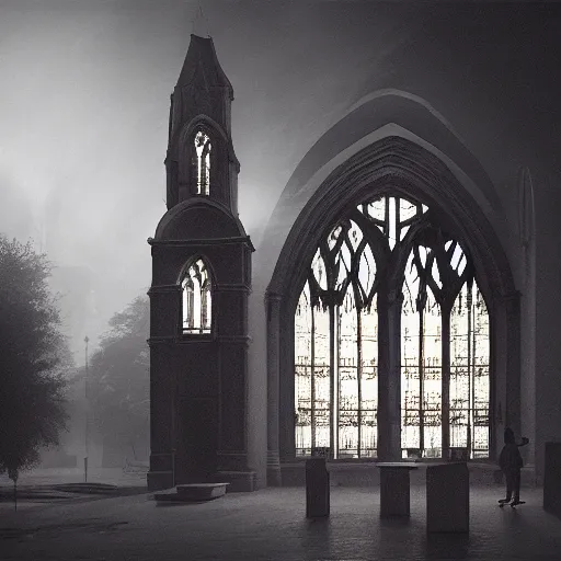 Image similar to victorian church in the middle of the city, dark, misty, at night, 8 k, detailed, concept art, trending on artstation