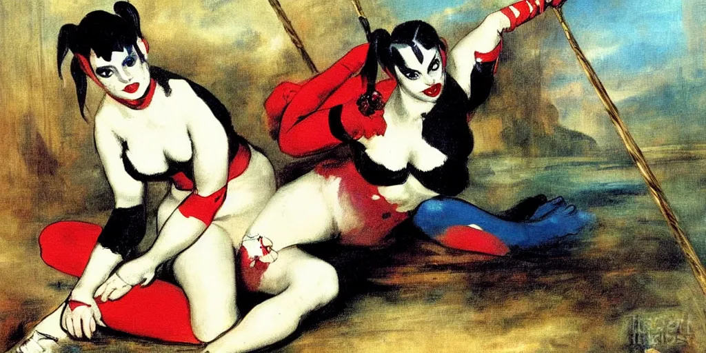 Prompt: harley quinn in the swing painting by eugene delacroix