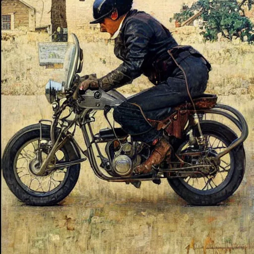 Prompt: a portrait of a bunny riding a motorcycle, oil painting, detailed, beautiful, by norman rockwell