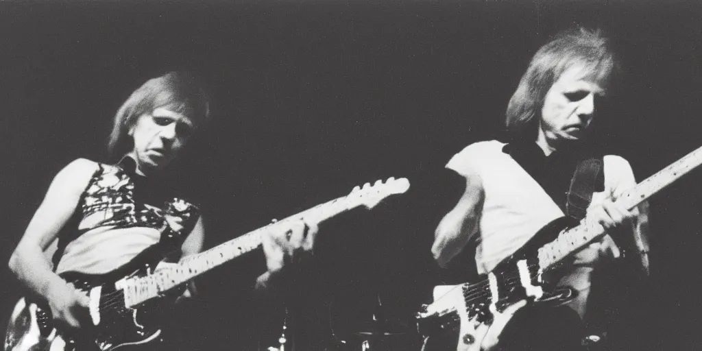 Image similar to rock musician Robin Trower in concert 1975, grainy photo