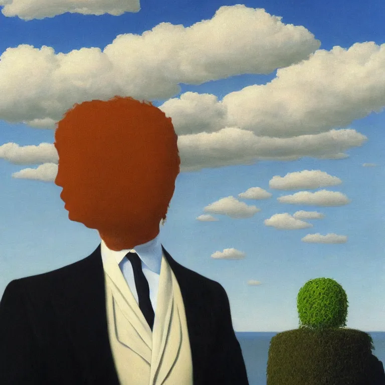 Image similar to portrait of a faceless shadow - head man with messy long hair in a suit, clouds in the background, by rene magritte, detailed painting, distance, middle centered, hd, hq, high resolution, high detail, 4 k, 8 k