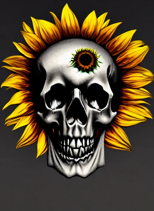 Image similar to skull head in the middle of a sunflower, spooky halloween theme, creepy, cinematic, dramatic, super detailed and intricate, 4 k render, by koson ohara, by darwyn cooke, by satoshi kon