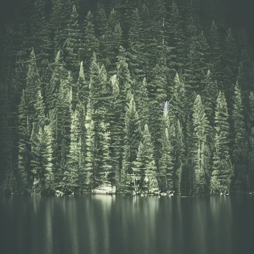 Prompt: lake lake, mountains, dark, dangerous, trees, low light, horror, atmospheric, vintage photography, film