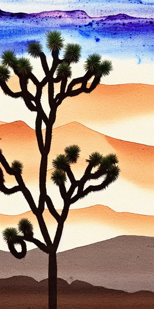 Prompt: hyper detailed Joshua tree desert watercolor painting, boho, mid century, modern, beige and Grey sunset, finely detailed, hd, 8k minimalism, edge to edge, 8k