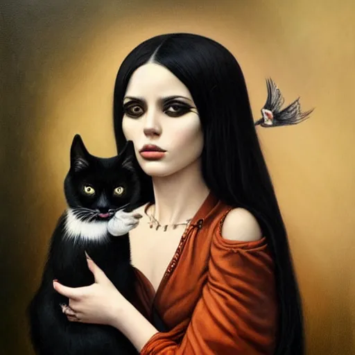 Image similar to a painting of an emo mexican woman holding a cat, a photorealistic painting by tom bagshaw and ( ( ( mark ryden ) ) ), trending on deviantart, gothic art, ilya kuvshinov, goth, storybook illustration