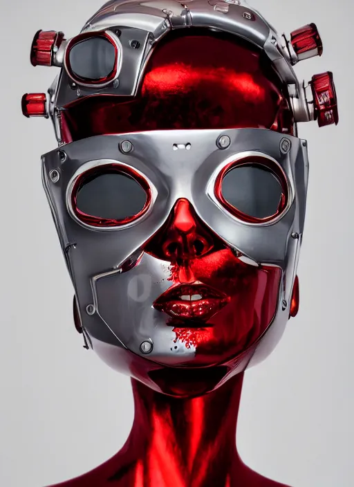 Image similar to a fashion portrait photograph of a robot head art directed by Alexander McQueen, red color palette, 35mm, pentax, studio lighting