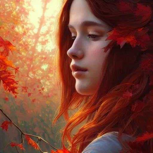 Image similar to girl with super long hair, hair becoming autumn red leaves, intricate, highly detailed, digital painting, artstation, concept art, smooth, sharp focus, illustration, unreal engine 5, 8 k, art by artgerm and greg rutkowski and alphonse mucha