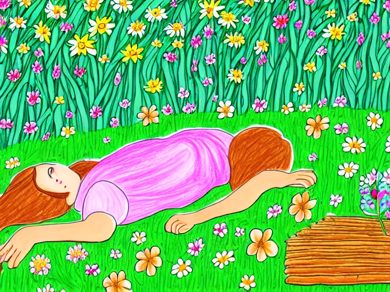 Image similar to drawing of girl laying down in the lawn full of flowers that smells like honey amongst forest with her soul connected to the nature around her. in naive art style