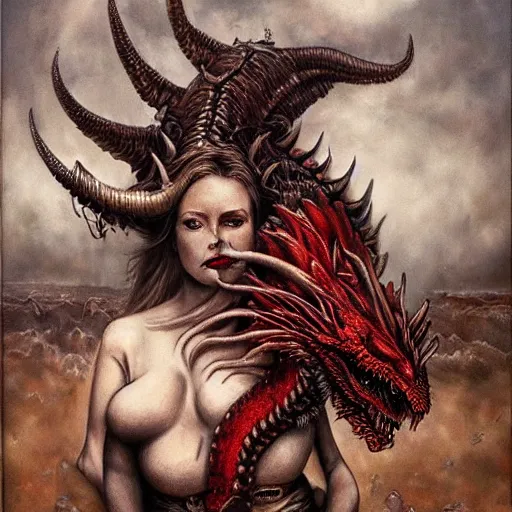 Prompt: a hyperrealistic portrait painting of a beautiful woman with demonic horns wearing steampunk goggles, riding on the back of a giant red dragon into hell, by santiago caruso, highly detailed,