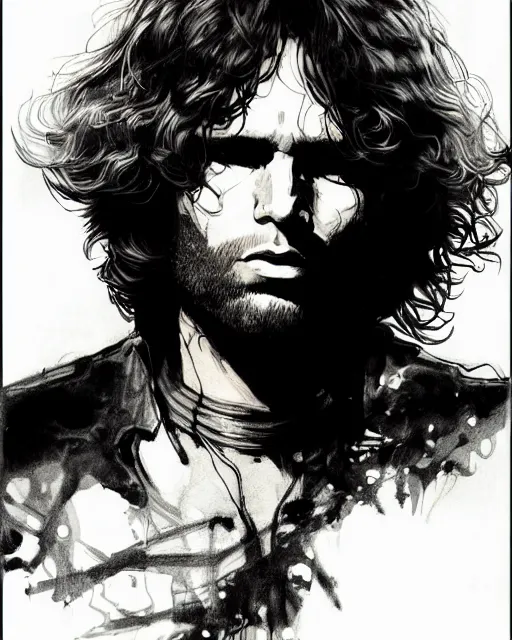 Image similar to portrait of jim morrison, concept art, sumi - e style, intricate linework, artstation, trending, highly detailed, smooth, focus, art by yoji shinkawa and glenn fabry,