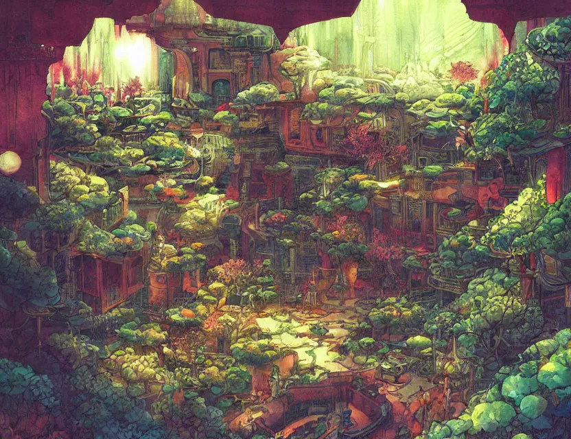 Image similar to persian garden in a space fortress. this watercolor painting by the award - winning mangaka has dramatic lighting, an interesting color scheme, a sense of depth and intricate details.