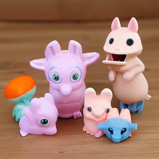 Image similar to some cute plastic toys that look like animal characters washing dishing in the kitchen, pastel colors