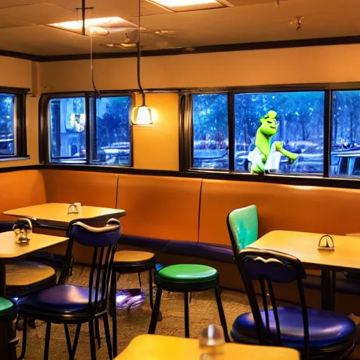 Prompt: inside of a diner, cozy lighting, late night, shrek in foreground, photo