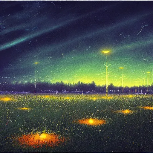 Prompt: a dark field at night filled with hundreds of firefly lightning bugs glowing in neon colors. By Makoto shinkai. By Rembrandt Masterpiece