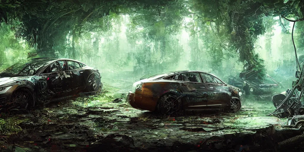 Image similar to Intricate detailed illustration, A crashed tesla being reclaimed by lush jungle, cinematic lighting, by Sparth and Greg Rutkowski, wide angle, volumetric light scattering, 8k, artstation, concept art,