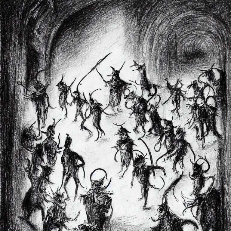 Prompt: a drawing in the style of stephen gammell of the pied piper of hamelin leading rats