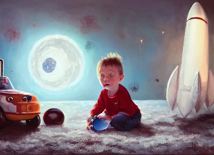 Image similar to lonely toddler elon musk sitting on a shaggy rug playing with his little space rockets, bedroom, realistic painting, beautiful soft lighting, istvan sandorfi