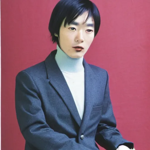 Prompt: 1980s photo of a japanese man wearing a suit and turtleneck