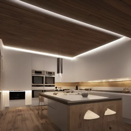 Image similar to kitchen with led strip lighting, realistic, wide shot, octane render, house and home, home and garden, hyper realistic, high quality, highly detailed, hd, beautiful, cinematic, 8 k, unreal engine,