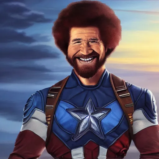 Prompt: Bob Ross smiling as captain america, digital art, concept art, sunset sky in the background, symmetrical, highly detailed, high quality, concept art, Deviant Art