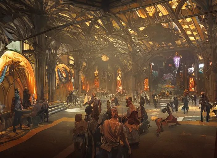 Image similar to arcane themepark interior designed by todd white, rendered by artgerm and greg rutkowski and alphonse mucha