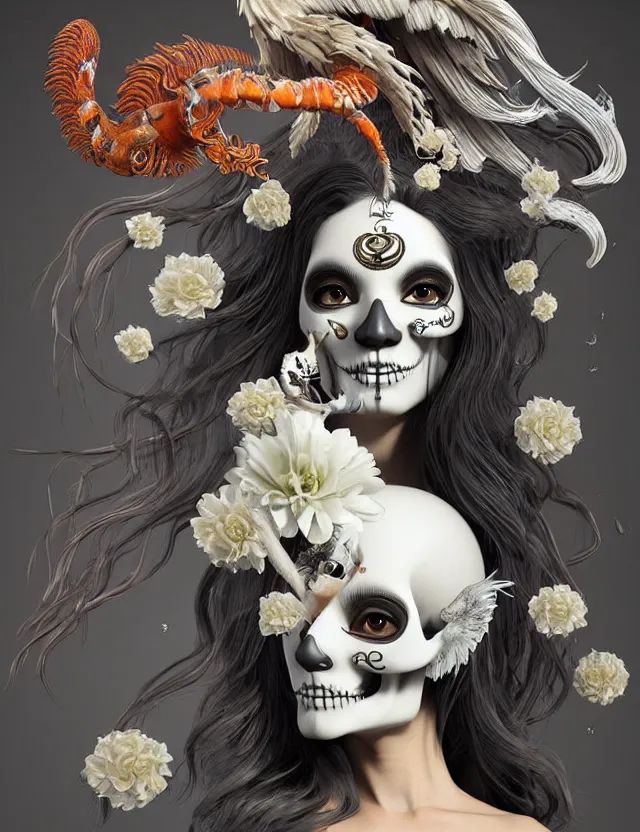 Image similar to 3 d goddess skull half - turn portrait with long hair with ram skull. beautiful intricately detailed japanese crow kitsune mask and clasical japanese kimono. betta fish, jellyfish phoenix, bio luminescent, plasma, ice, water, wind, creature, artwork by tooth wu and wlop and beeple and greg rutkowski