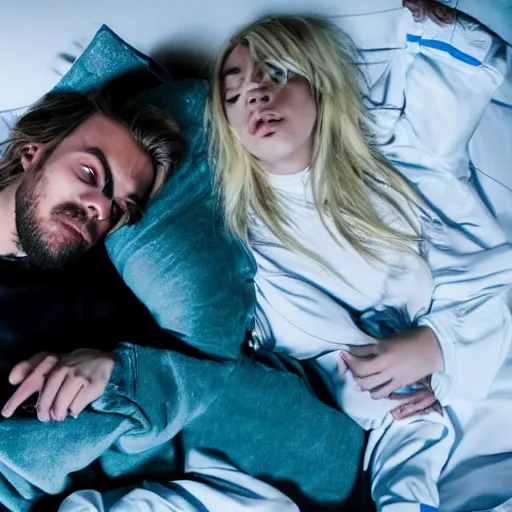 Prompt: pewdiepie lying in bed with billie eilish 4k