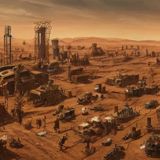 Image similar to highly detailed painting view from bird's eye postapo steampunk lively small but tall town in the middle of nowhere/wasteland endless empty desert in Mad Max style trending on Artstation, 4K, high quality