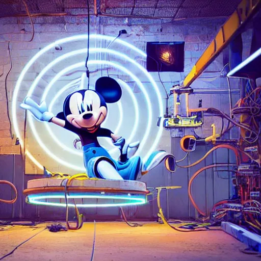 Prompt: workers building grunge mickey mouse head, on a scene, cables hanging and a neon logo in the background, beeple daily art, sci fi, cyberpunk, hyperrealistic