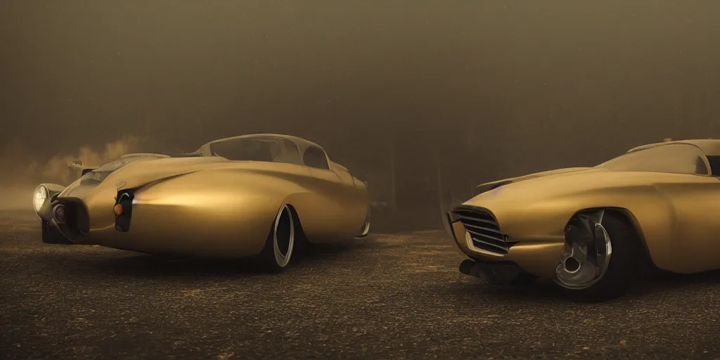 Image similar to parked fallout 5, retro futuristic vintage polished sports car, fog, rain, volumetric lighting, beautiful, golden hour, sharp focus, highly detailed, cgsociety