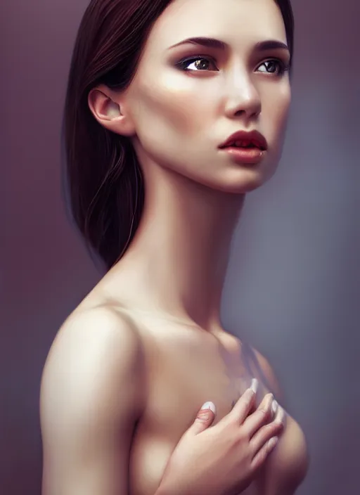 Image similar to high angle photo of a gorgeous young woman in the style of stefan kostic, realistic skin, 1 / 2 body crop, 8 5 mm art lens, f 1. 2, sharp focus, 8 k high definition, insanely detailed, intricate, elegant, art by stanley lau and artgerm